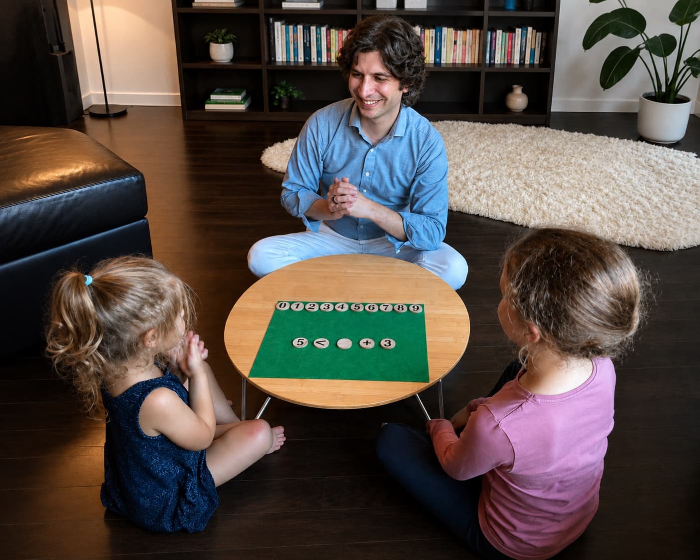Steven sitting on the floor with two young students at a low round table. A green felt mat between them holds wooden number disks arranged as 5 is less than blank plus 3, with a row of disks 0 through 9 above.